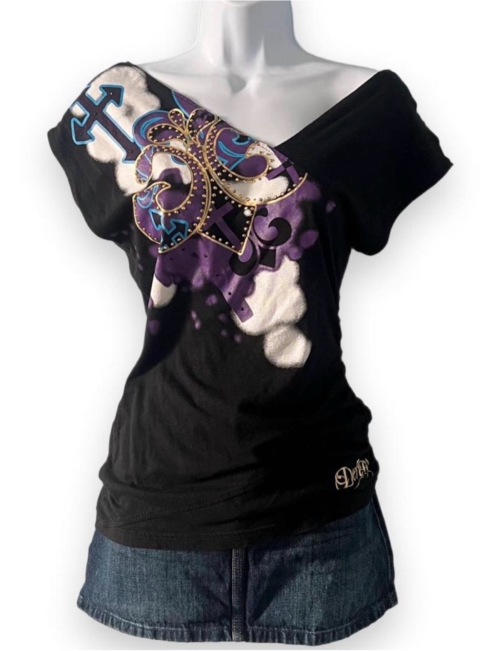 y2k Black Off-Shoulder Graphic Top with Purple/White Accents & Rhinestones